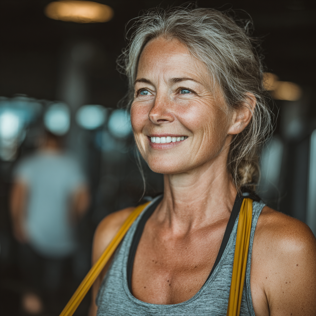 Mature woman in her 50s exercising with resistance bands in a bright gym, smiling confidently while maintaining proper form