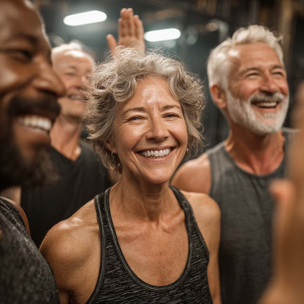 Diverse group of men and women aged 45-55 celebrating together after a successful fitness class, showing joy and community spirit in a bright modern gym